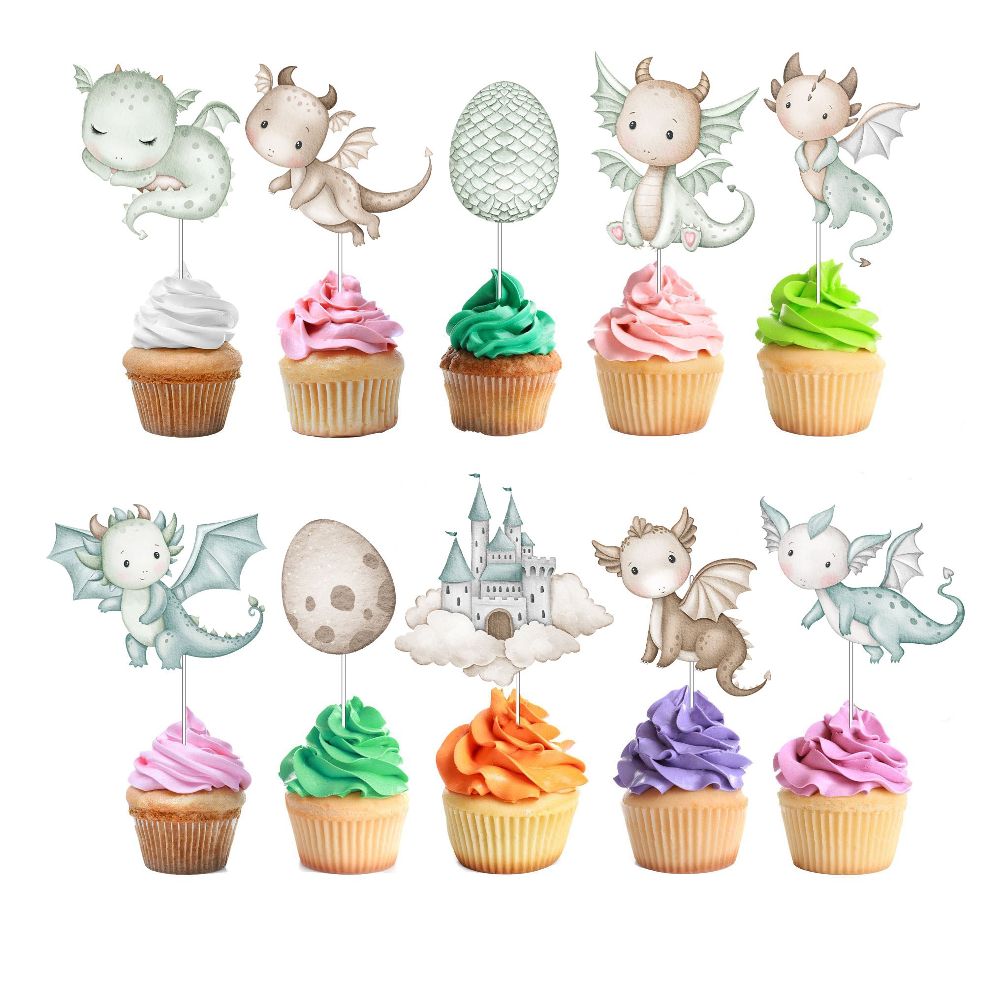 Dragon Cupcake Toppers - 10pcs Set - Enchanting Fantasy Party Decorations