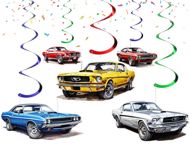 Car-Themed Hanging Streamers - Set of 10 | Classic Car Party Decorations