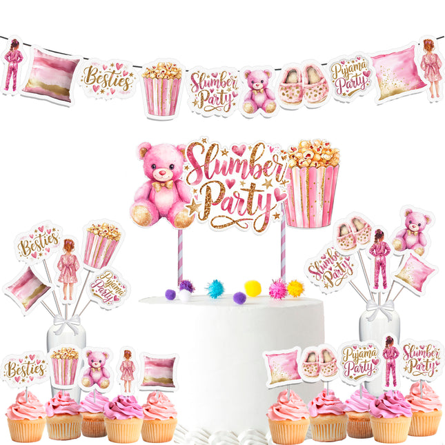 Slumber Party Theme Decoration Set – Cake Topper, Cupcake Toppers, Banner, and Centerpieces