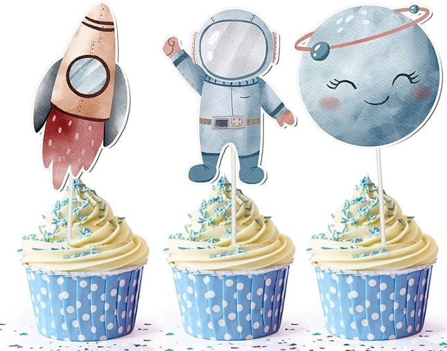 Space Adventure Cupcake Toppers - Set of 10 - Rocket, Astronaut, & Planet Designs for Cosmic Celebrations