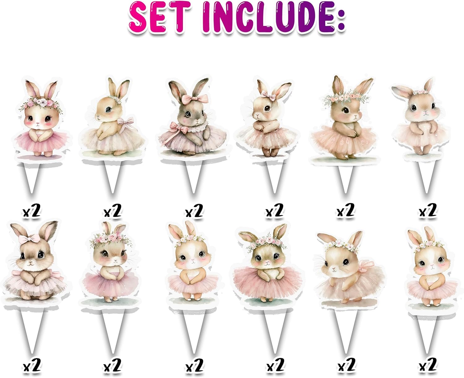 24 Pcs Bunny Cupcake Toppers - Adorable Pink Tutu Rabbit Picks for Kids Parties, Baby Showers & Baking Decorations