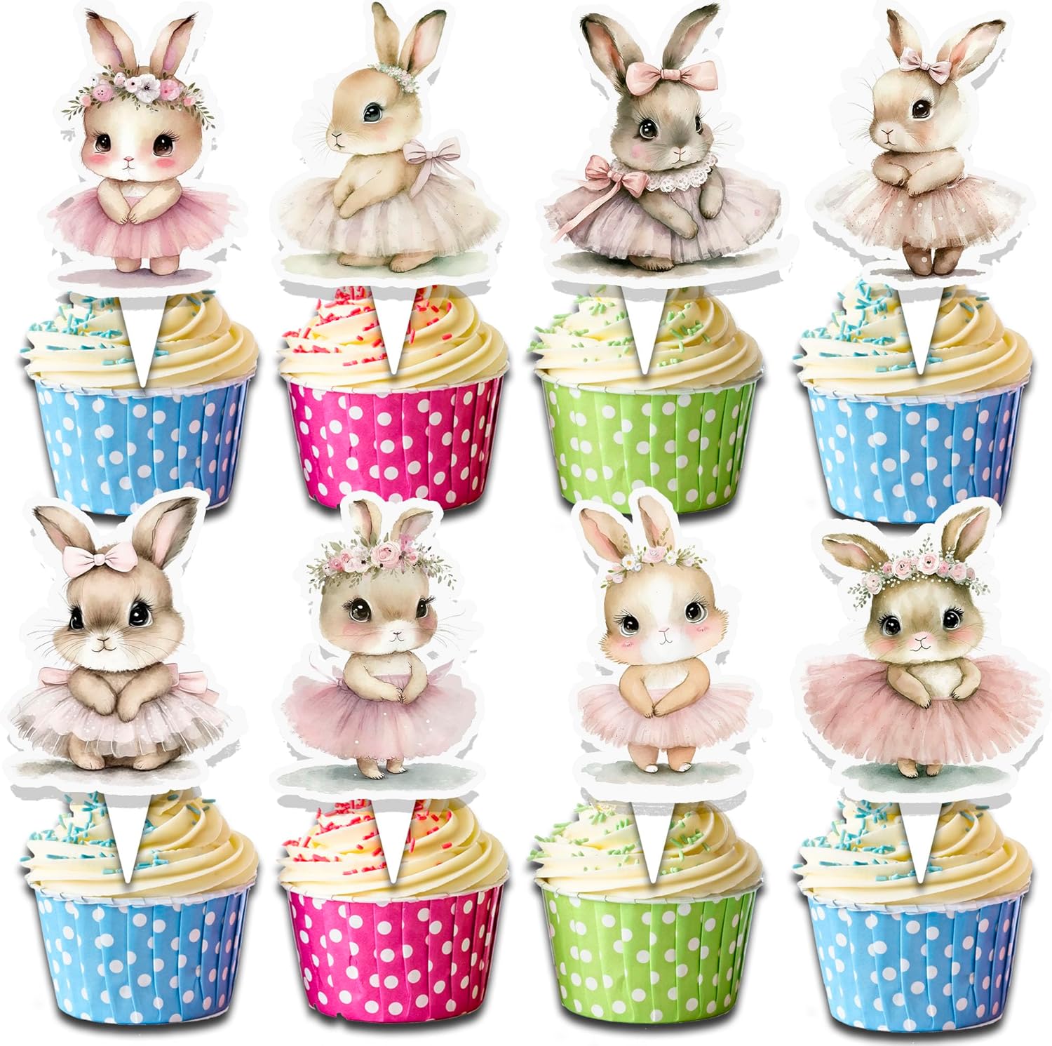 24 Pcs Bunny Cupcake Toppers - Adorable Pink Tutu Rabbit Picks for Kids Parties, Baby Showers & Baking Decorations