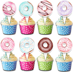 24 Pcs Pastel Donut Cupcake Toppers - Sweet Dessert Decorations for Parties, Birthdays, and Baby Showers