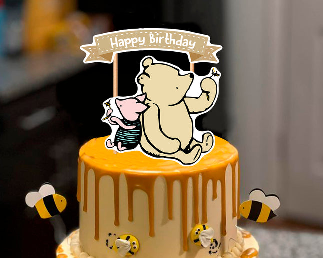 Winnie Pooh-Themed "Happy Birthday" Cake Topper – Party Cake Decoration