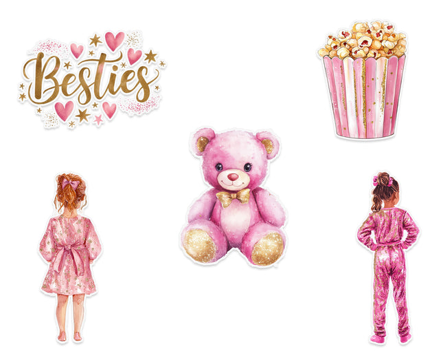 Sleepover Wall Stickers – Besties, Teddy Bear, Popcorn & Girls Decal Set 5 Pack