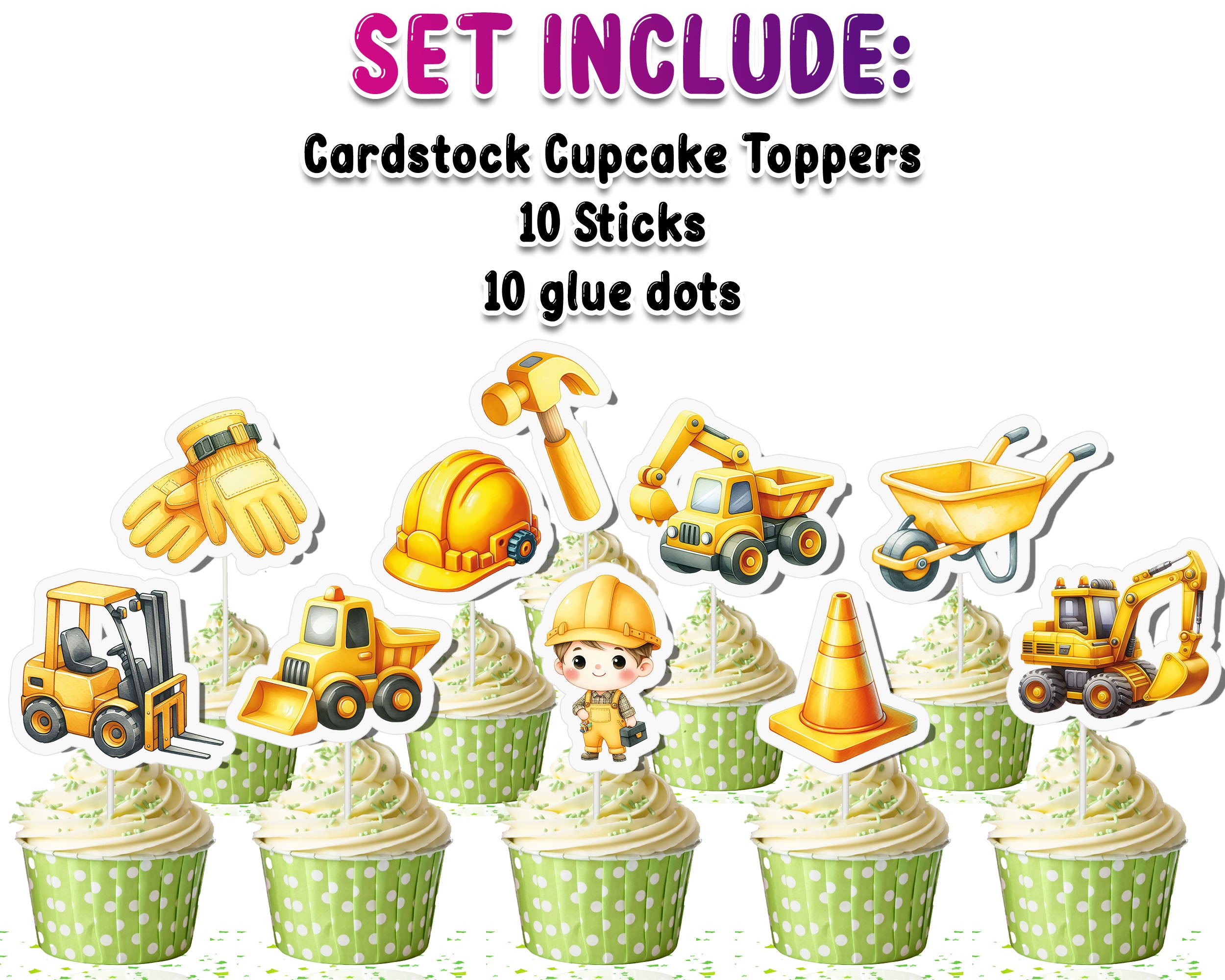 10-Piece Construction Cupcake Toppers | Party Decor | Construction Theme