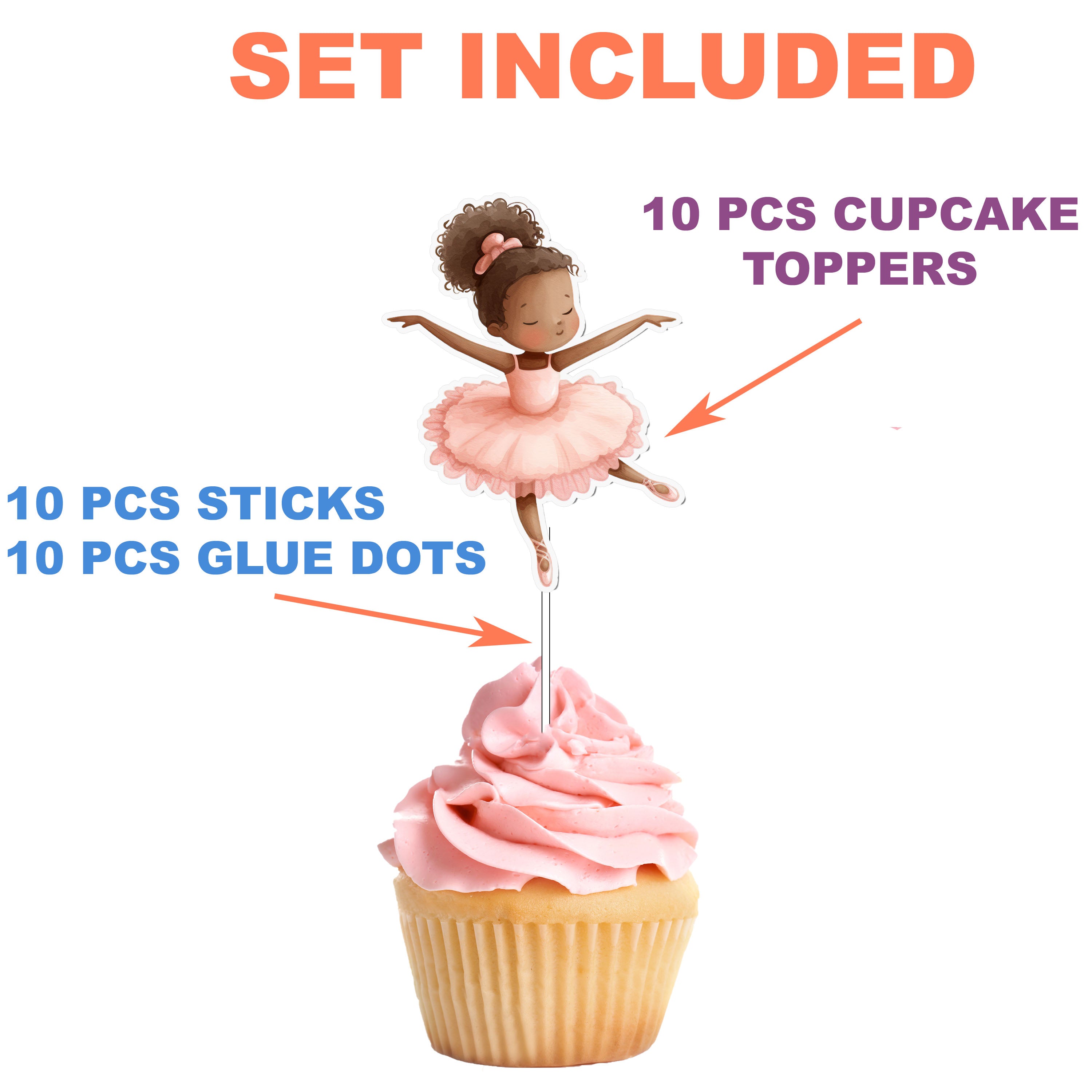 Afro Ballerina Cupcake Toppers - 10pcs Set - Whimsical Ballet Party Decorations