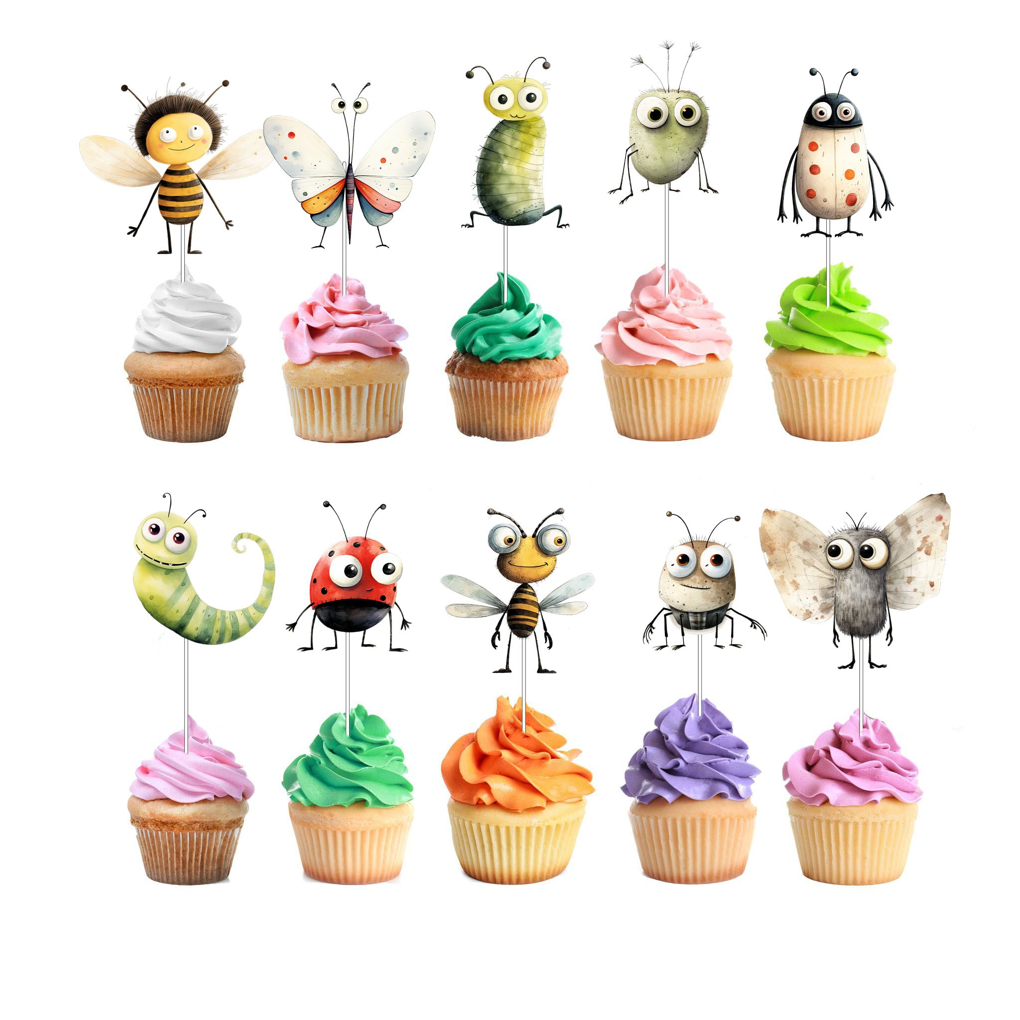 Quirky Insects Cupcake Toppers - 10pcs Set - Fun and Whimsical Party Decorations