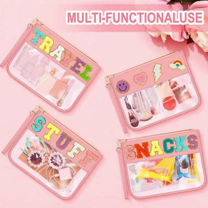 Customizable Clear Clutch Chenille Letters - Versatile Travel, Snack, Makeup and Essentials Organizer - Available in 6 Colors