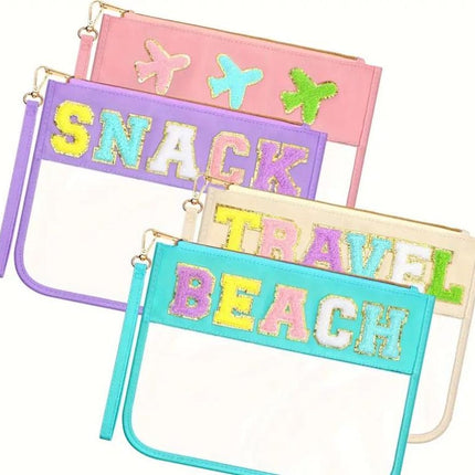 Customizable Clear Clutch Chenille Letters - Versatile Travel, Snack, Makeup and Essentials Organizer - Available in 6 Colors 