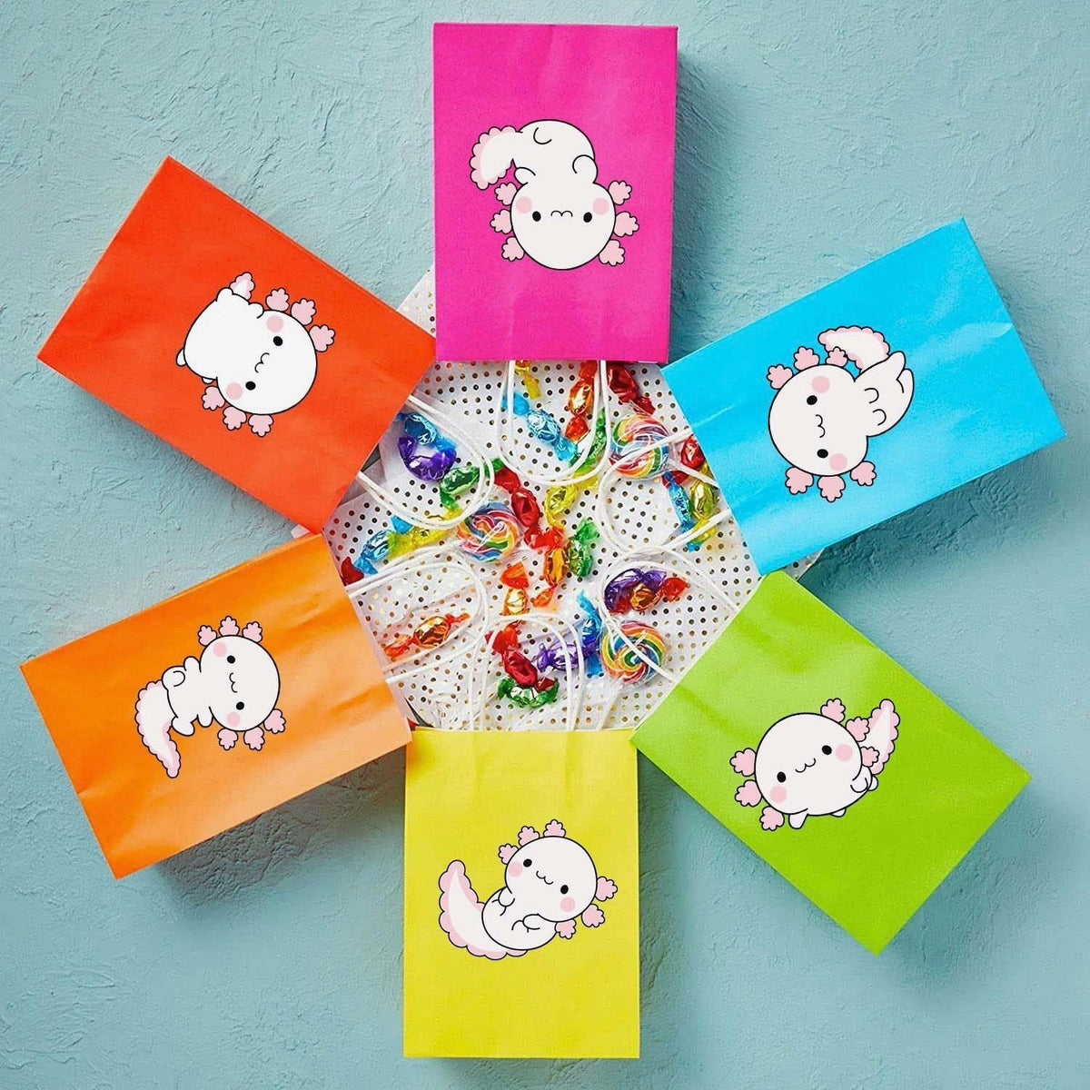 6 Pcs Axolotl Party Favor Bags Stickers | Axolotls Birthday Party Supplies | Axolotl Ocean Animals Birthday Decorations Favors