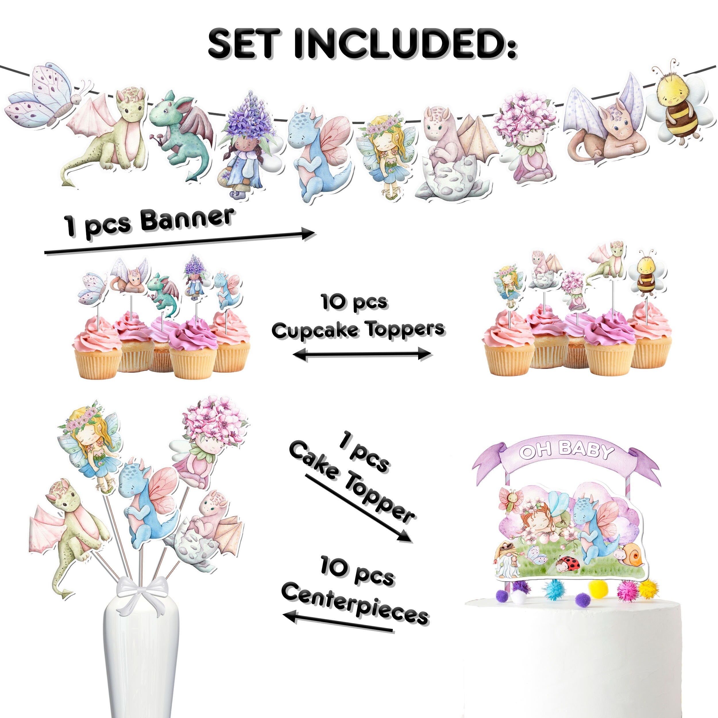 Enchanted Dragons and Fairies Party Decor Set - Magical Cake Topper, Cupcake Toppers, Centerpieces & Banner - Fantasy Celebration for Mystical Moments