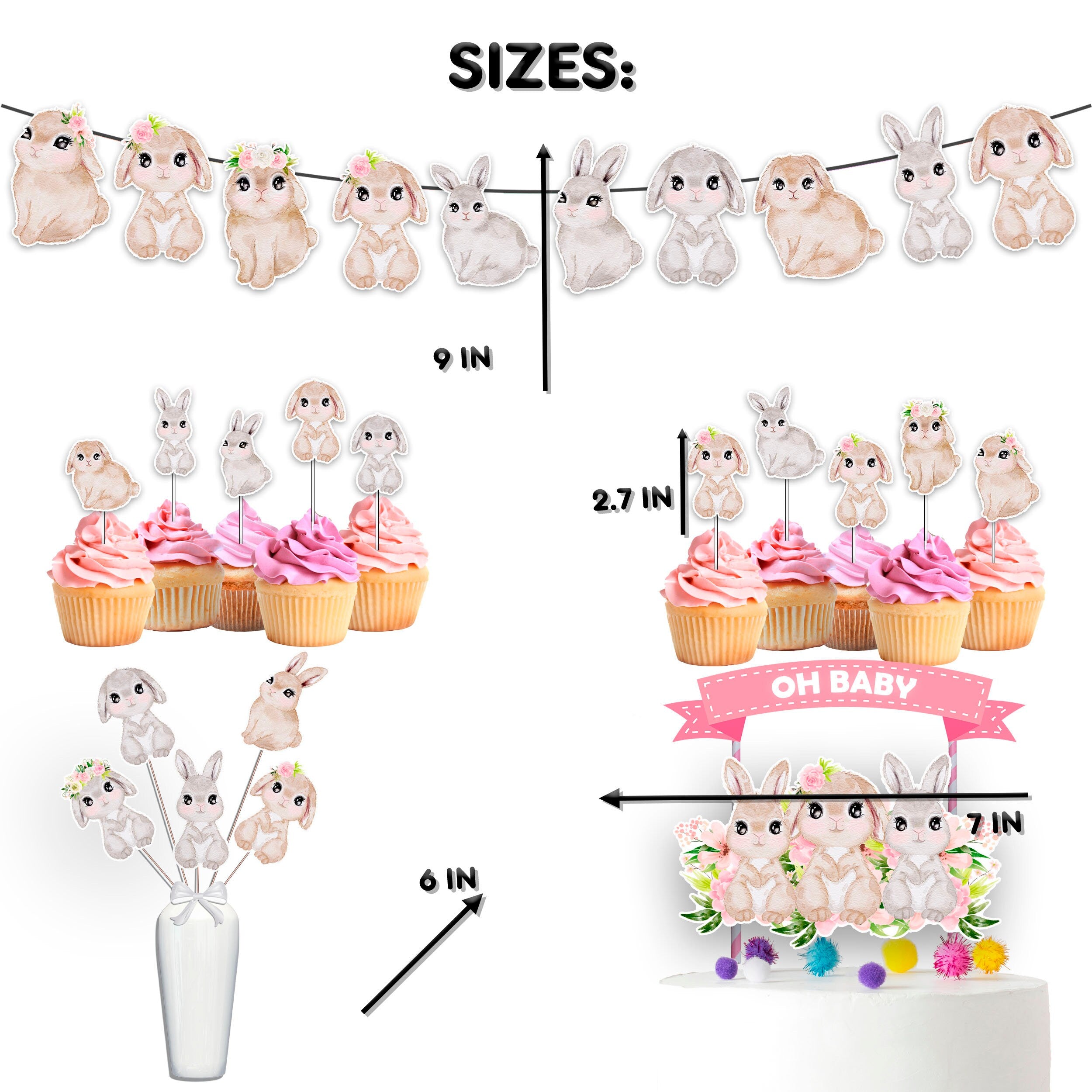 Sweet Pastel Bunny Party Decor Set - Soft Cake Topper, Cupcake Toppers, Centerpieces & Banner - Hop into a Serene Celebration