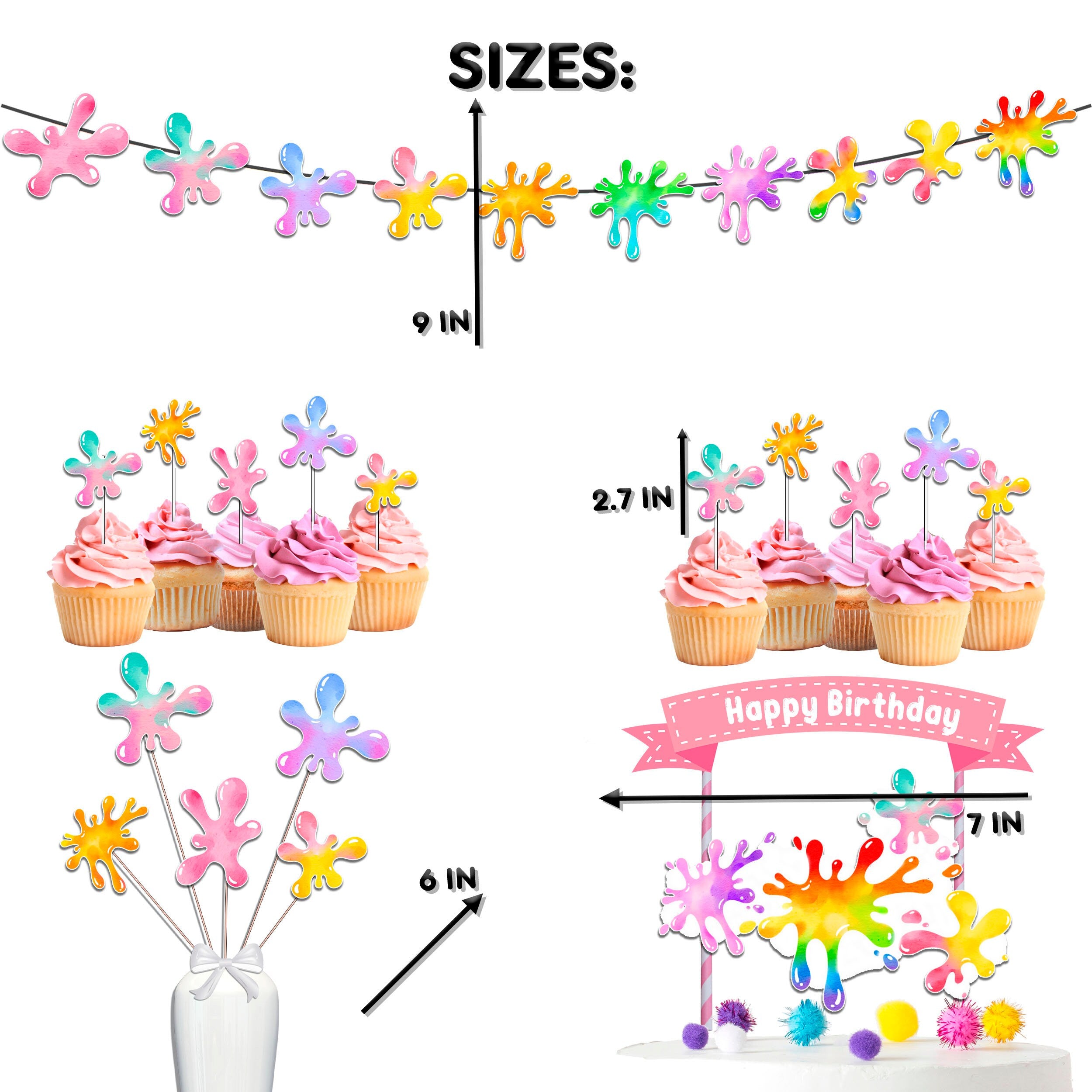 Vibrant Slime Splash Birthday Party Decor Set - Colorful Cake Topper, Cupcake Toppers, Centerpieces, & Banner - Sticky Fun for a Slime-Tastic Celebration