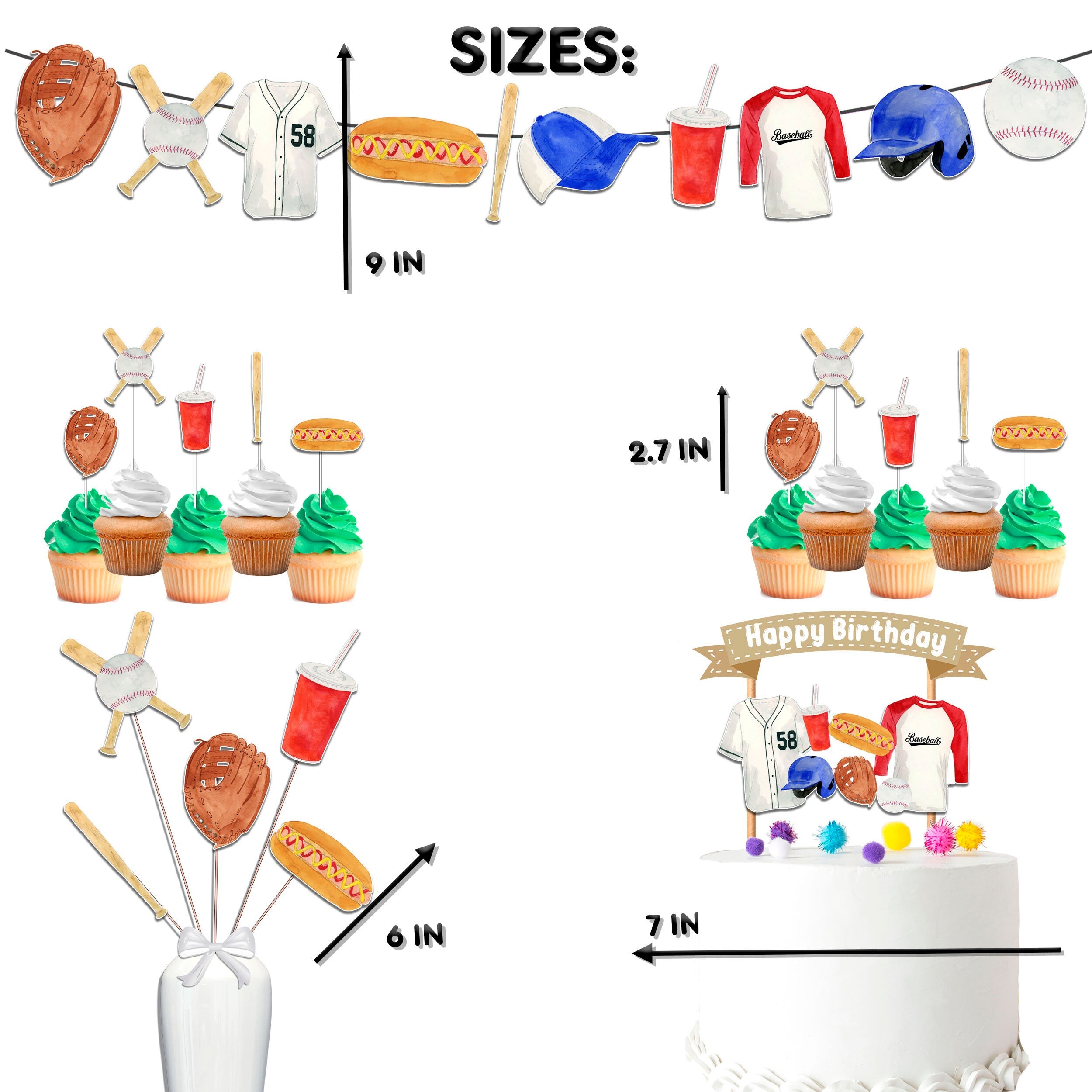 Home Run Baseball Birthday Party Decor Set - Cake Topper, Cupcake Toppers, Centerpieces, & Banner - Perfect for Sporty Celebrations