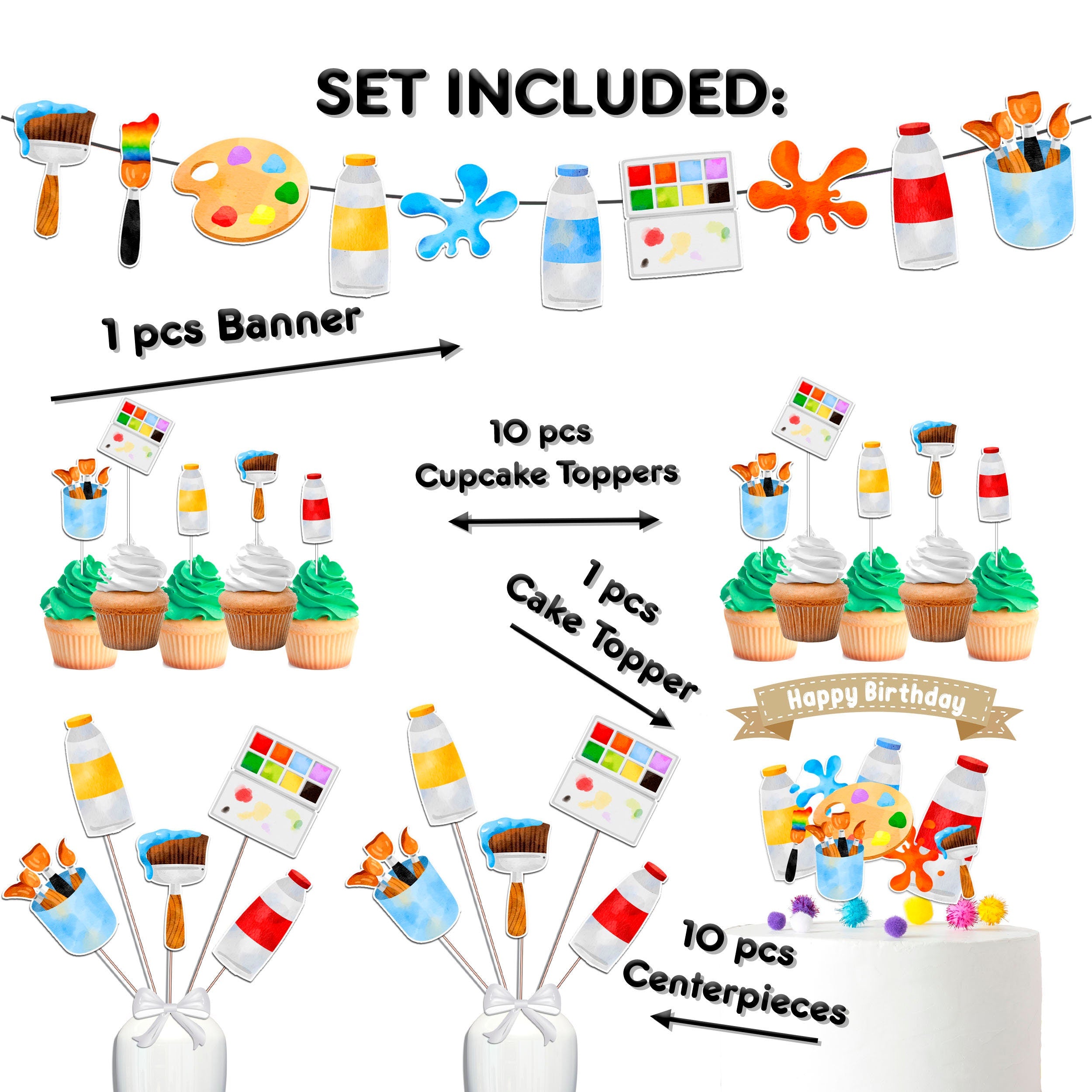 Creative Artist Birthday Party Decor Set - Vibrant Cake Topper, Cupcake Toppers, Centerpieces, & Banner - Perfect for Art-Themed Celebrations