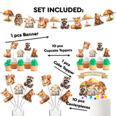 Enchanting Woodland Creatures Birthday Party Decor Set - Forest Cake Topper, Cupcake Toppers, Centerpieces, & Banner - Celebrate with Whimsical Nature Friends