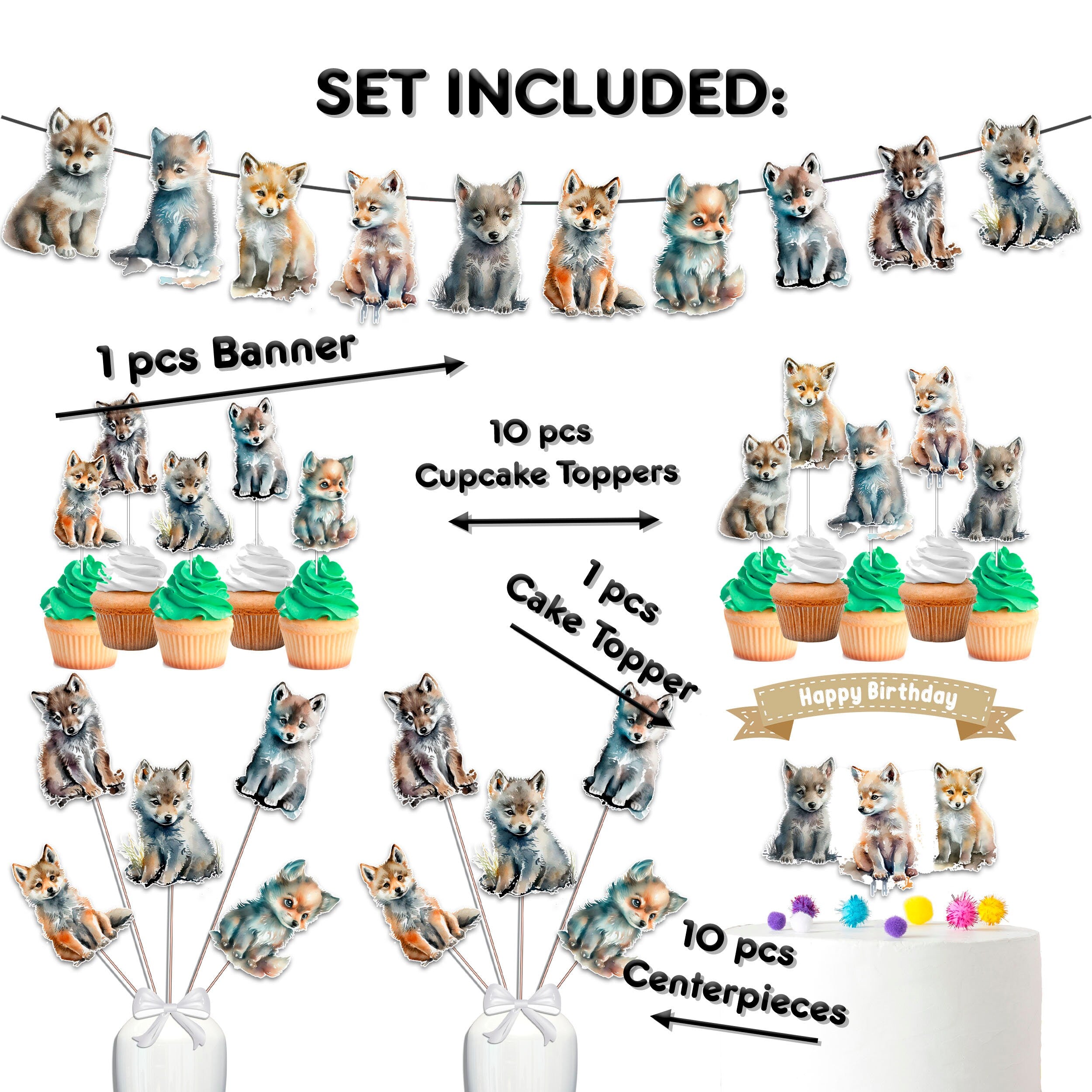 Wildly Cute Wolf Themed Party Decor Set  - Ideal for Baby Showers & Birthdays with Cake Topper, Cupcake Toppers, Centerpieces & Banner