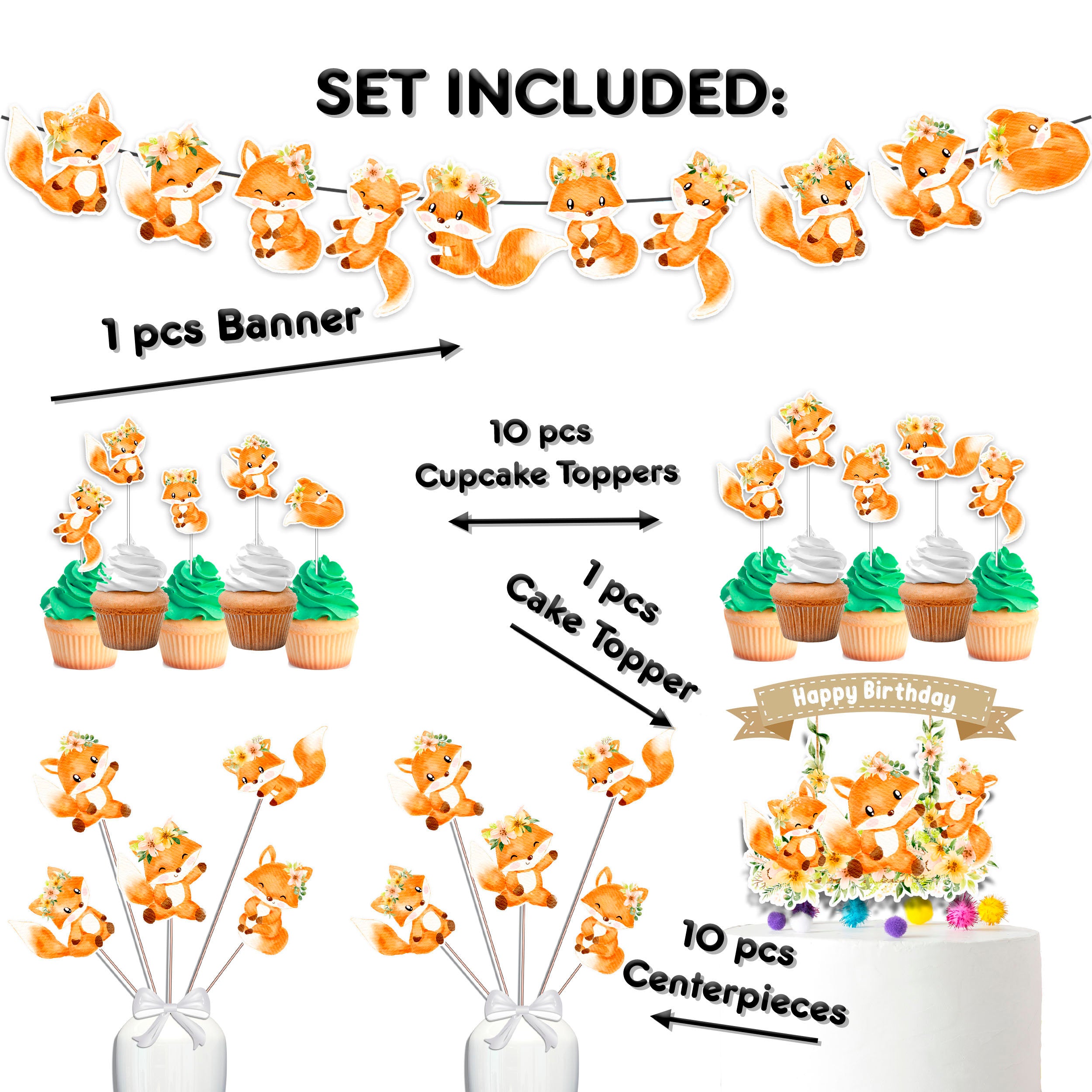 Charming Fox Woodland Birthday Party Decor Set - Lively Cake Topper, Cupcake Toppers, Centerpieces & Banner - Foxy Fun for Nature-Themed Celebrations