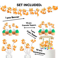 Charming Fox Woodland Birthday Party Decor Set - Lively Cake Topper, Cupcake Toppers, Centerpieces & Banner - Foxy Fun for Nature-Themed Celebrations