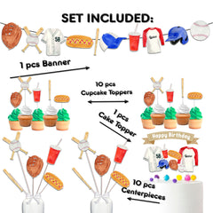 Home Run Baseball Birthday Party Decor Set - Cake Topper, Cupcake Toppers, Centerpieces, & Banner - Perfect for Sporty Celebrations