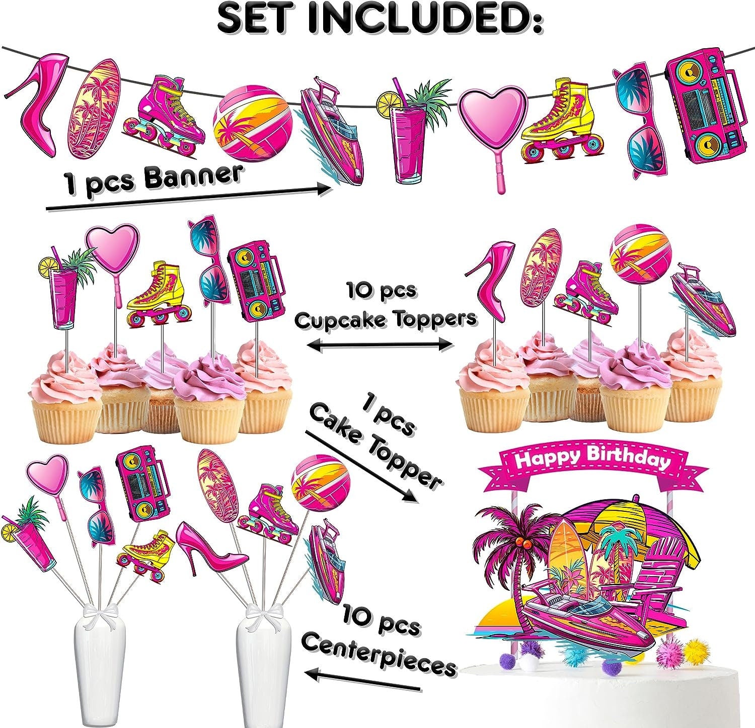 Retro Chic Pink Doll Birthday Party Decor Set - Vibrant Cake Topper, Cupcake Toppers, Centerpieces, & Banner - Celebrate in Style with a Vintage Vibe