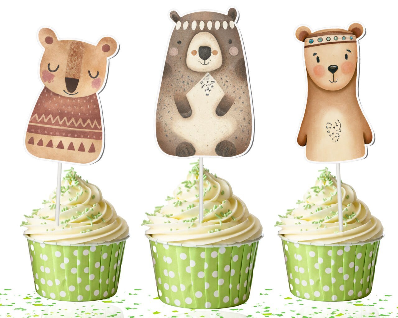 Adorable Bear Cartoon Cupcake Toppers for Woodland Themed Parties and Sweet Celebrations