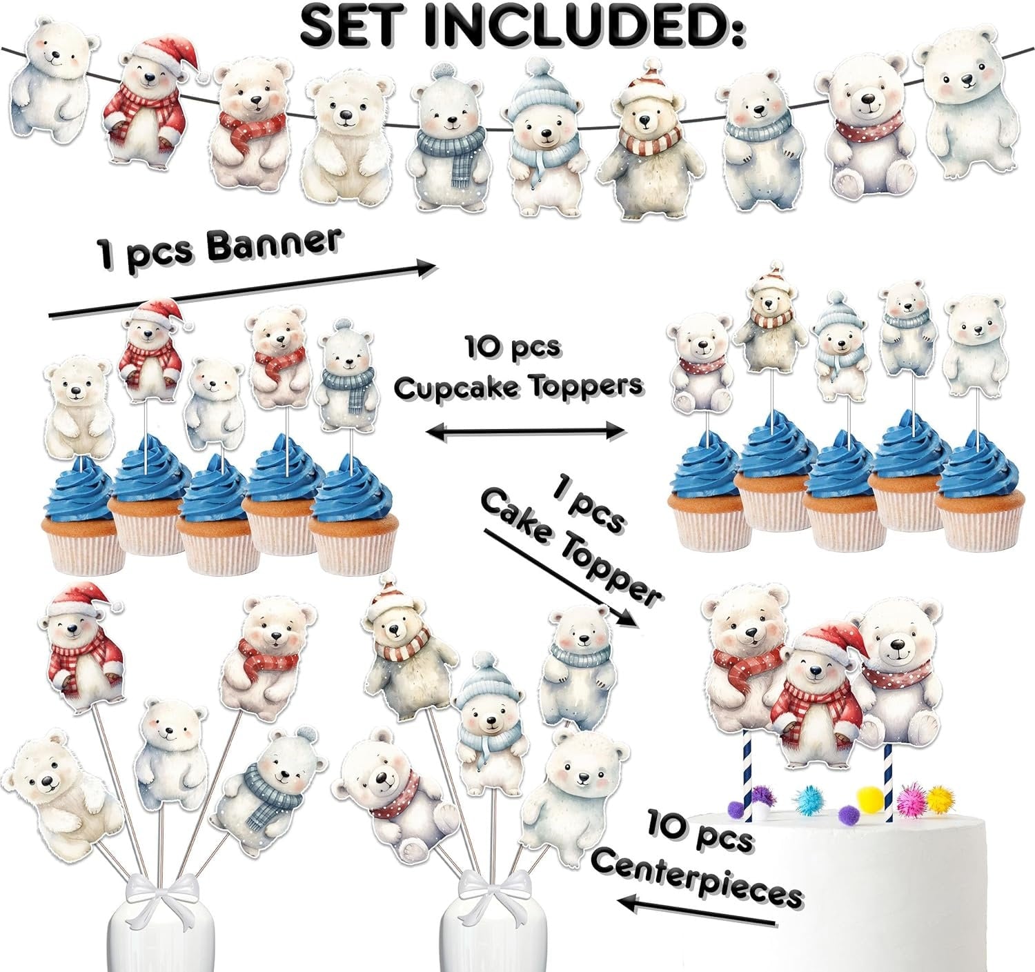 Winter Polar Bear Party Decor Set - Includes Cake Topper, Cupcake Toppers, Centerpieces & Banner for Baby Showers and Birthdays
