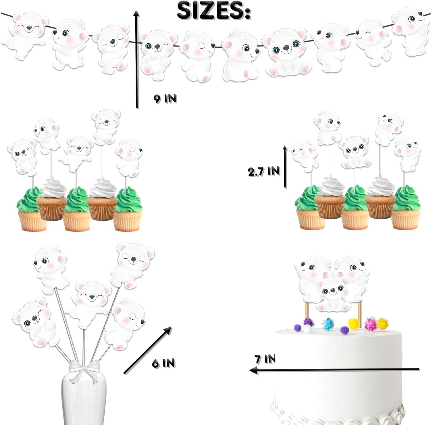 Polar Bear Baby Shower & Birthday Party Decor Set - Charming Cake Topper, Cupcake Toppers, Centerpieces & Banner