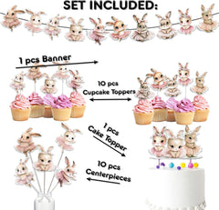 Enchanted Bunny Garden Party Decor Set - Charming Cake Topper, Cupcake Toppers, Centerpieces & Banner - Hop into a Magical Celebration