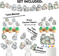 Charming Hippo Baby Shower & Birthday Decor Set  - All-in-One Cake Topper, Cupcake Toppers, Centerpieces & Banner
