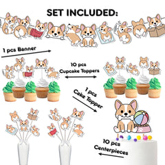 Adorable Corgi Party Decor Set - Includes Cake Topper, Cupcake Toppers, Centerpieces & Banner for Pawsome Baby Showers and Birthdays
