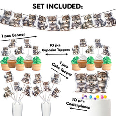 Enchanting Wolf-Themed Party Decor Set - Includes Cake Topper, Cupcake Toppers, Centerpieces & Banner