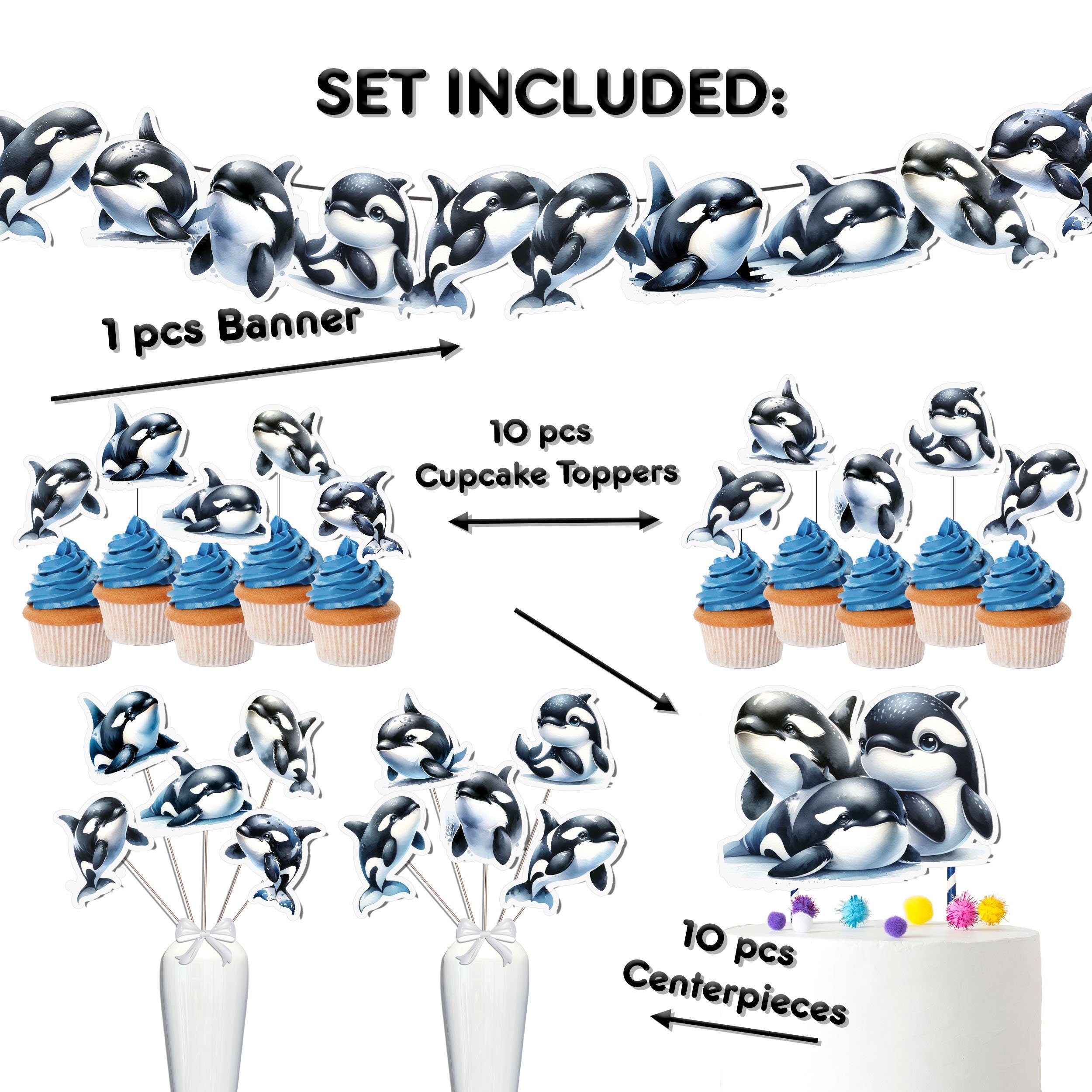 Orca Wonderland Party Decor Set - Celebrate with a Splash using Cake Topper, Cupcake Toppers, Centerpieces & Banner