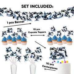 Orca Wonderland Party Decor Set - Celebrate with a Splash using Cake Topper, Cupcake Toppers, Centerpieces & Banner