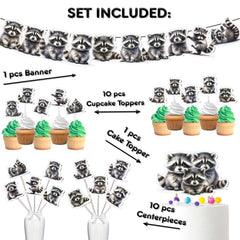Mischievous Raccoon Party Decor Set - Playful Cake Topper, Cupcake Toppers, Centerpieces & Banner for Baby Showers and Birthdays