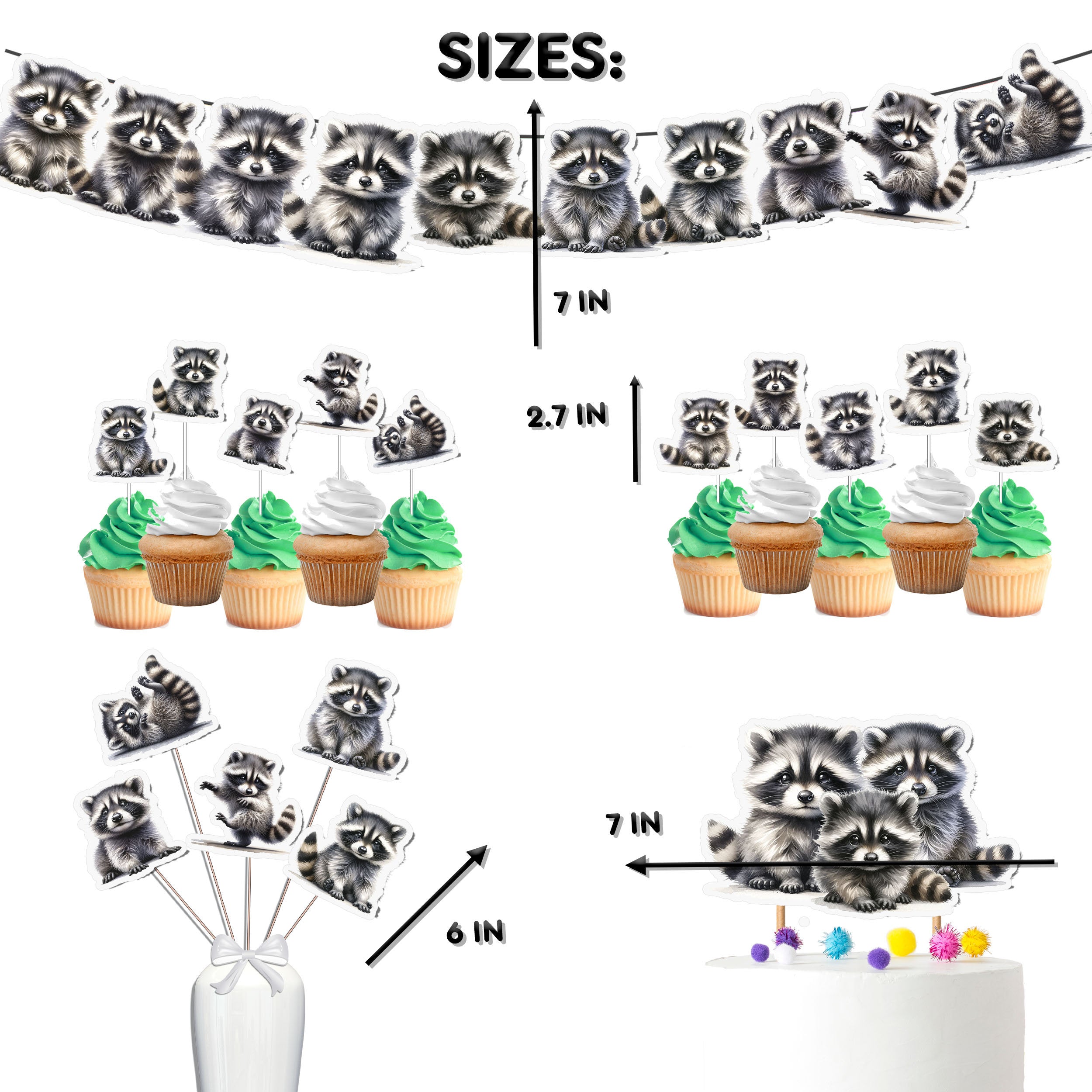 Mischievous Raccoon Party Decor Set - Playful Cake Topper, Cupcake Toppers, Centerpieces & Banner for Baby Showers and Birthdays