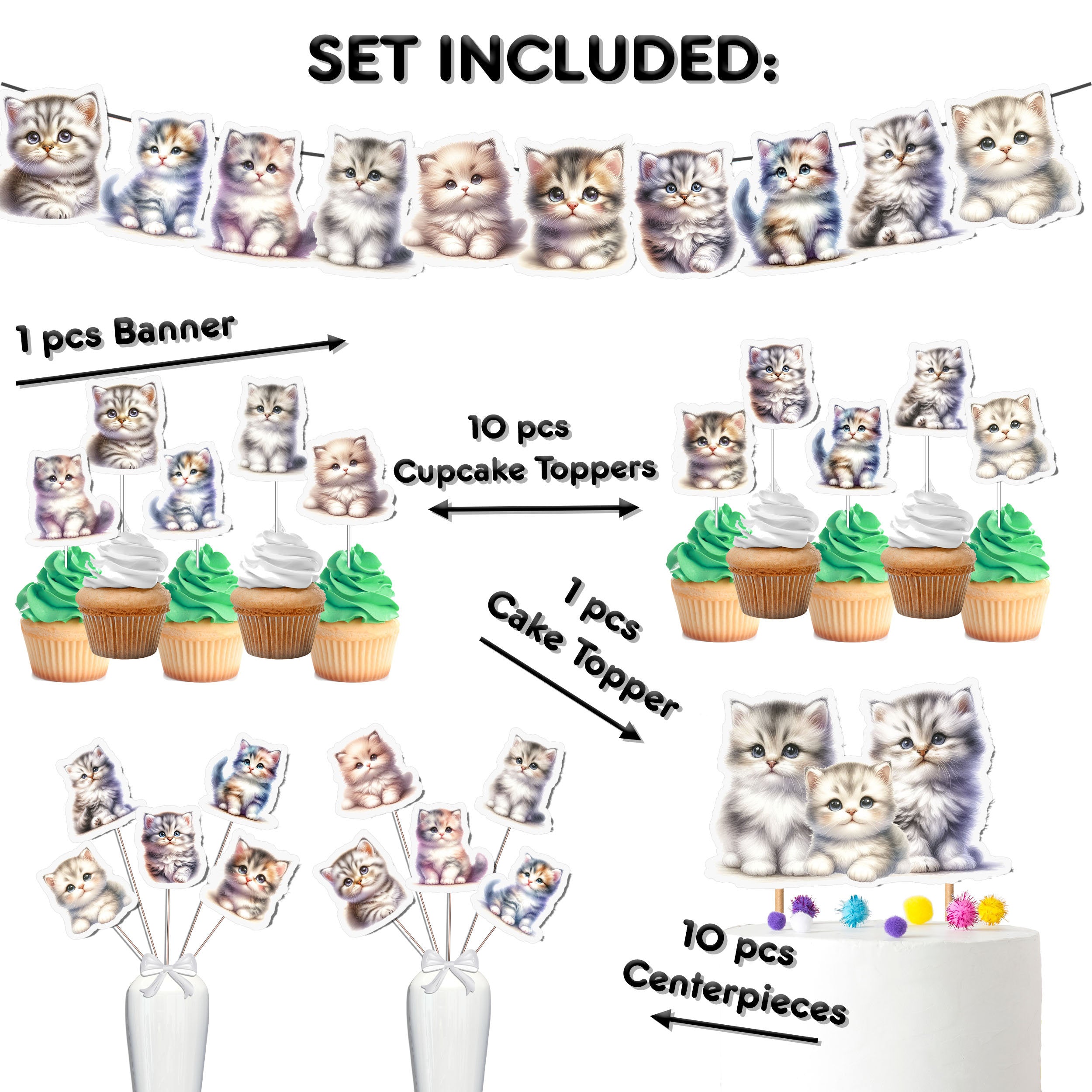 Purr-fect Playful Cats Birthday Party Decor Set - Adorable Cake Topper, Cupcake Toppers, Centerpieces, & Banner - Celebrate with a Meow-velous Theme