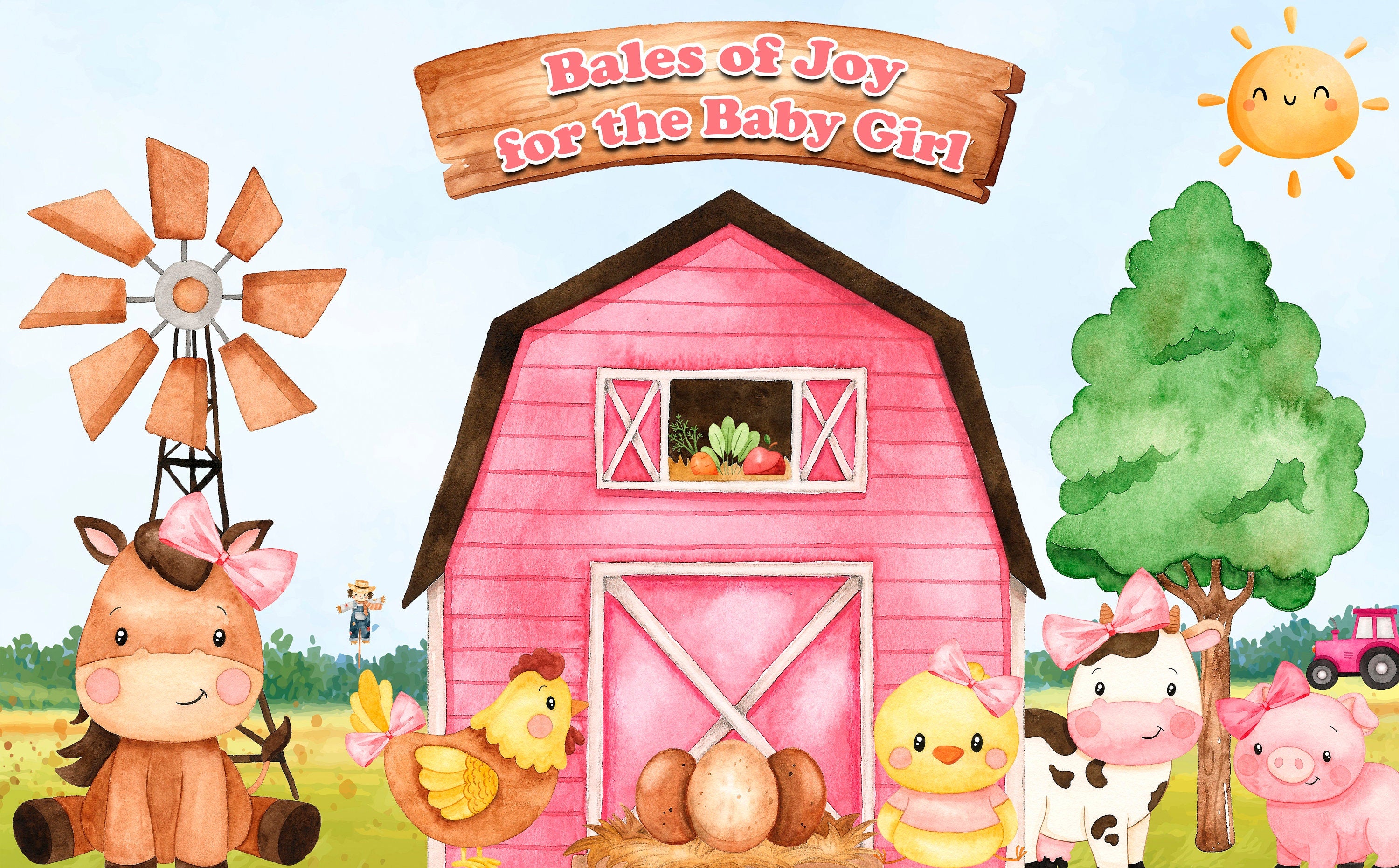 "Bales of Joy for the Baby Girl" - Farm Animals Baby Shower Backdrop 5x3 FT