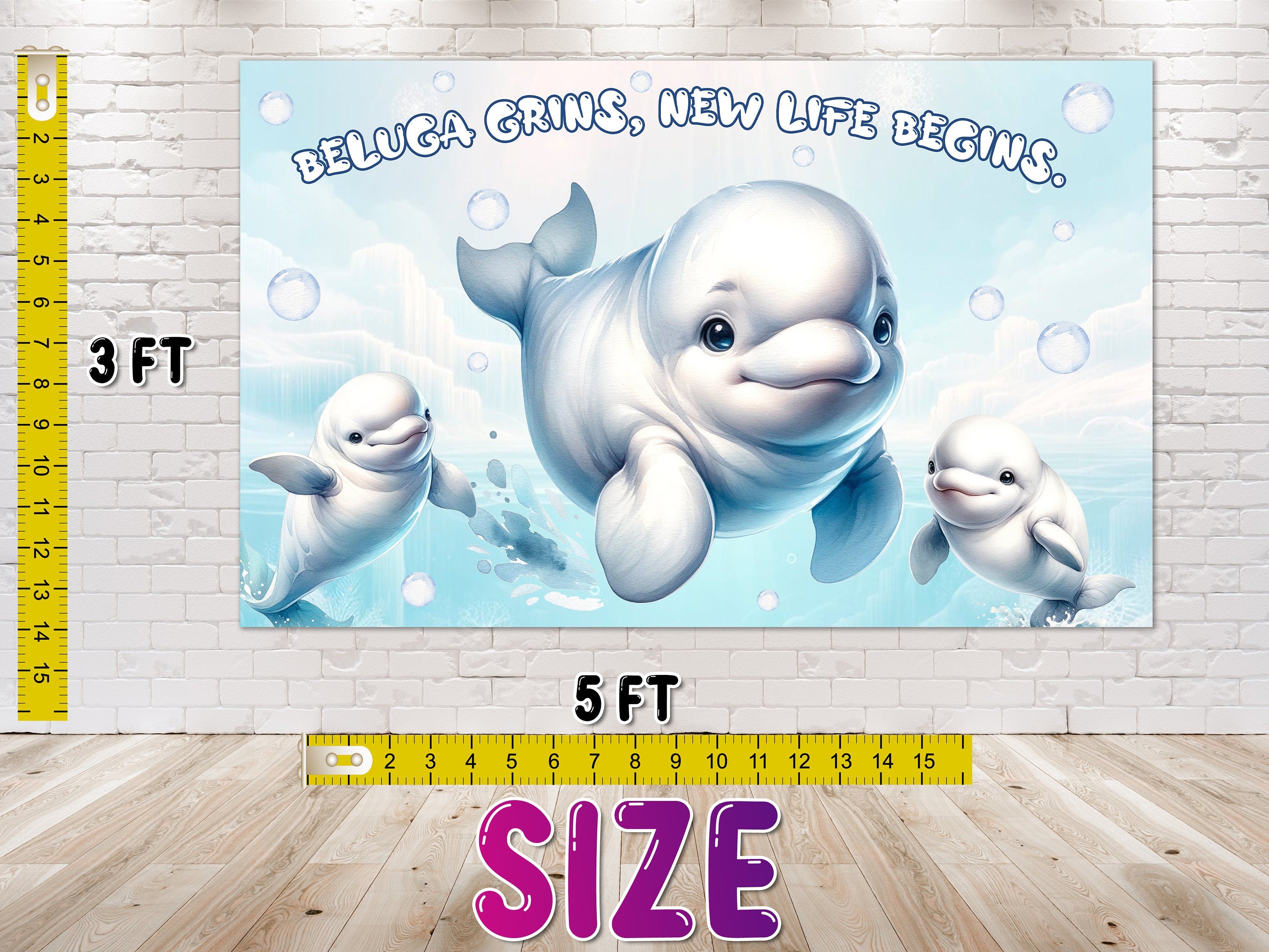 Adorable Beluga Baby Shower Backdrop 5x3 FT - Cute Ocean Theme Party Decorations