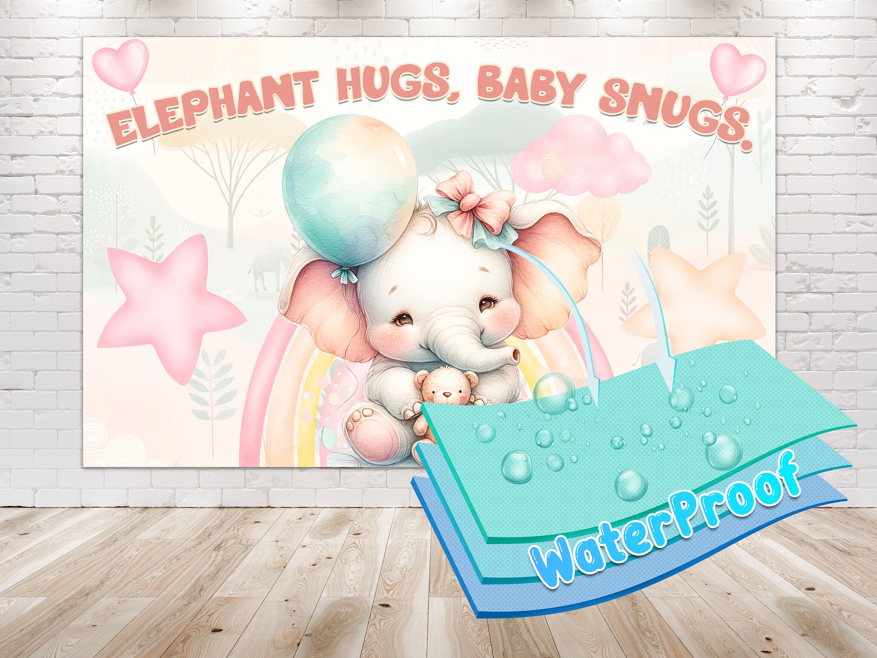 Adorable Elephant Hugs Baby Shower Backdrop 5x3 FT - Cute and Charming Baby Shower Decorations