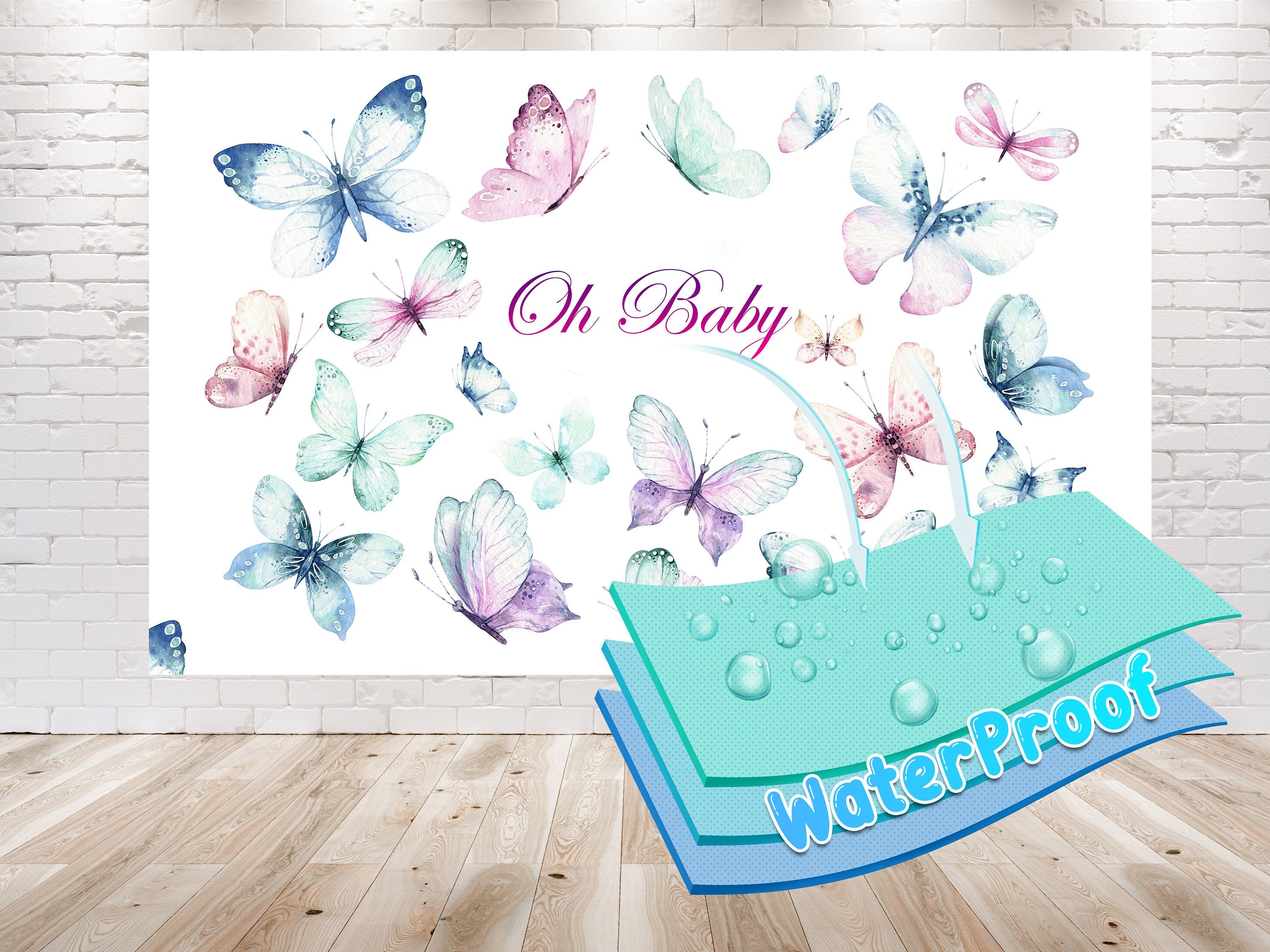 Butterfly Baby Shower Backdrop 5x3 FT | "Oh Baby" Pastel Butterfly Decoration