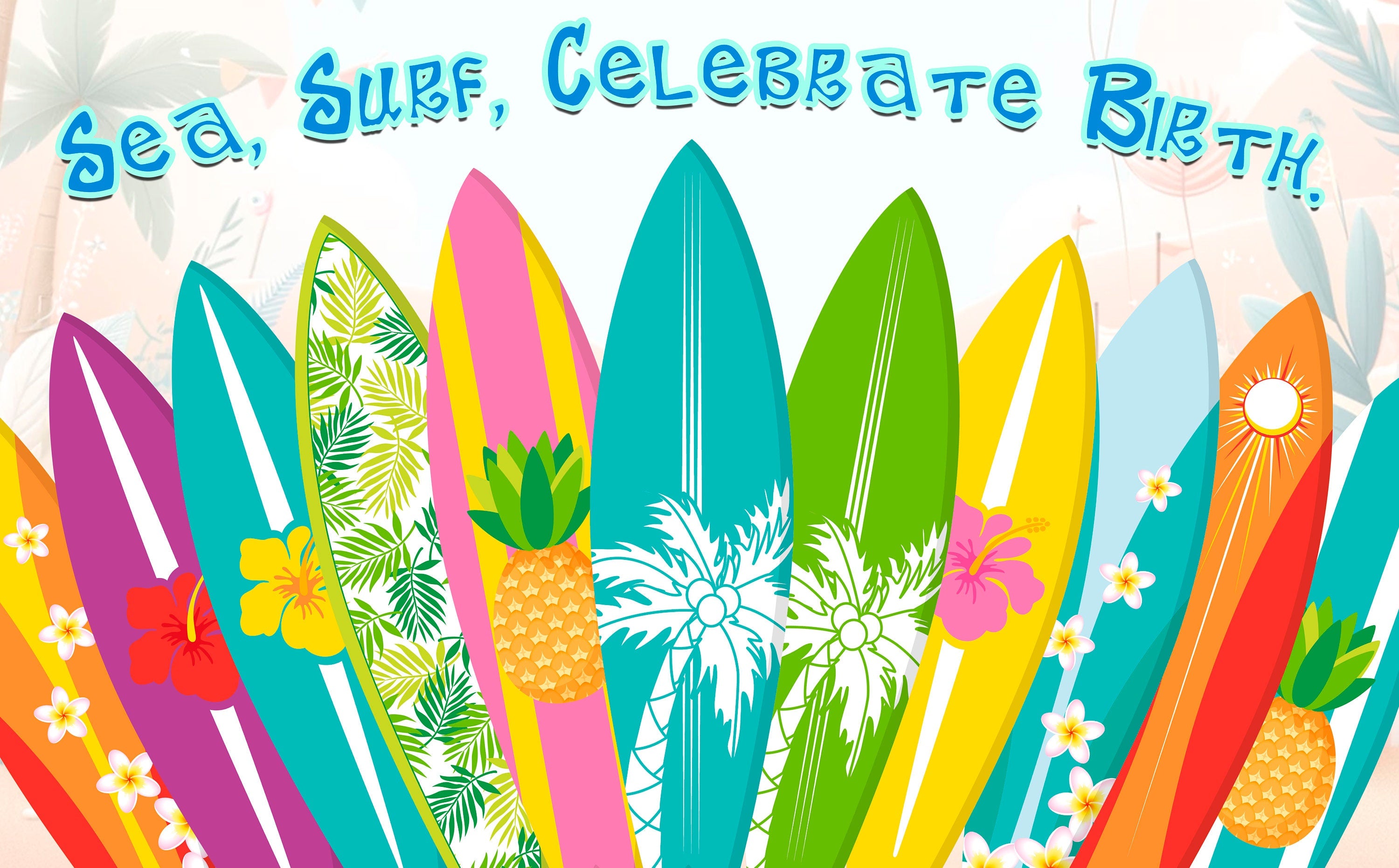 Vibrant Surfboard Birthday Backdrop 5x3 FT