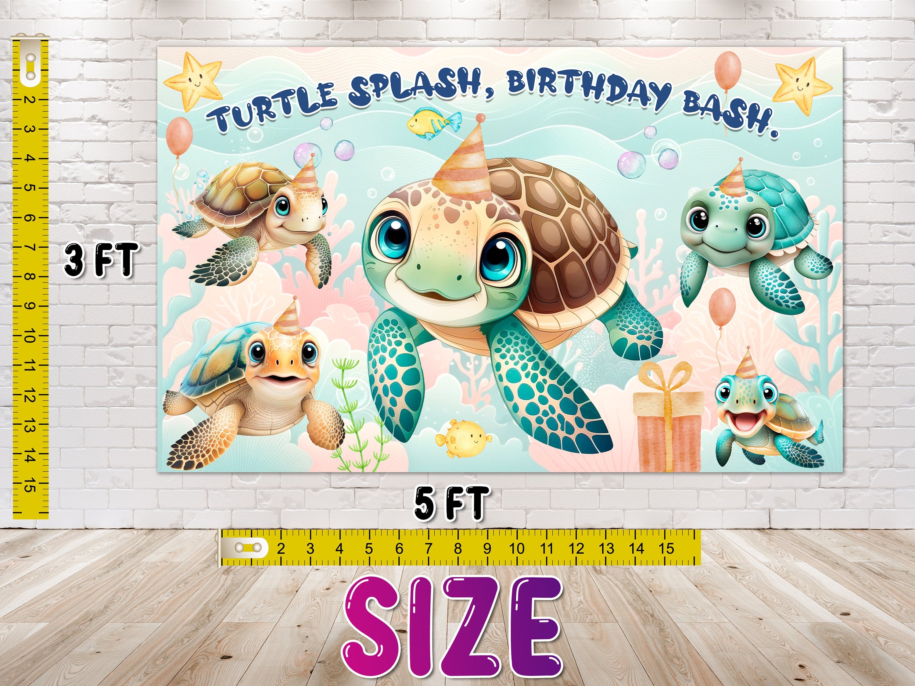 "Turtle Splash, Birthday Bash!" Backdrop 5x3 FT - Dive into the Fun!