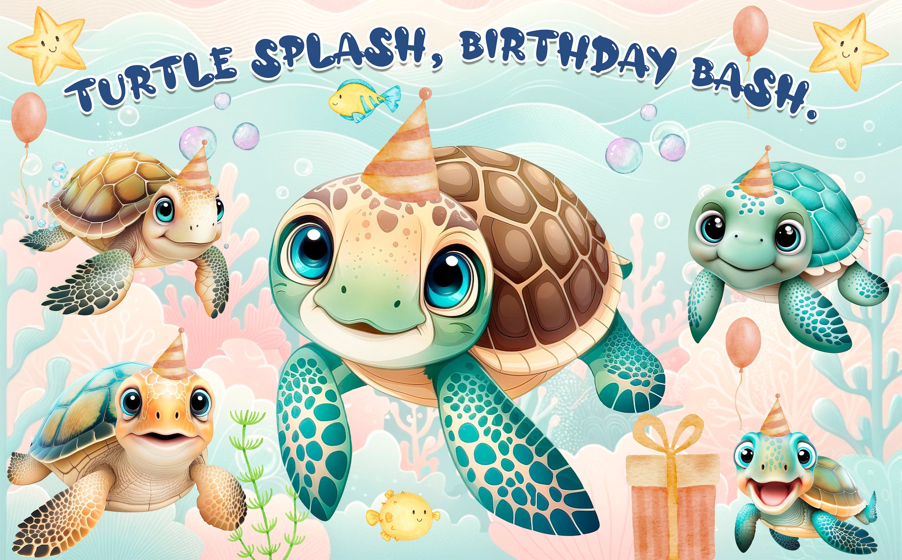 "Turtle Splash, Birthday Bash!" Backdrop 5x3 FT - Dive into the Fun!