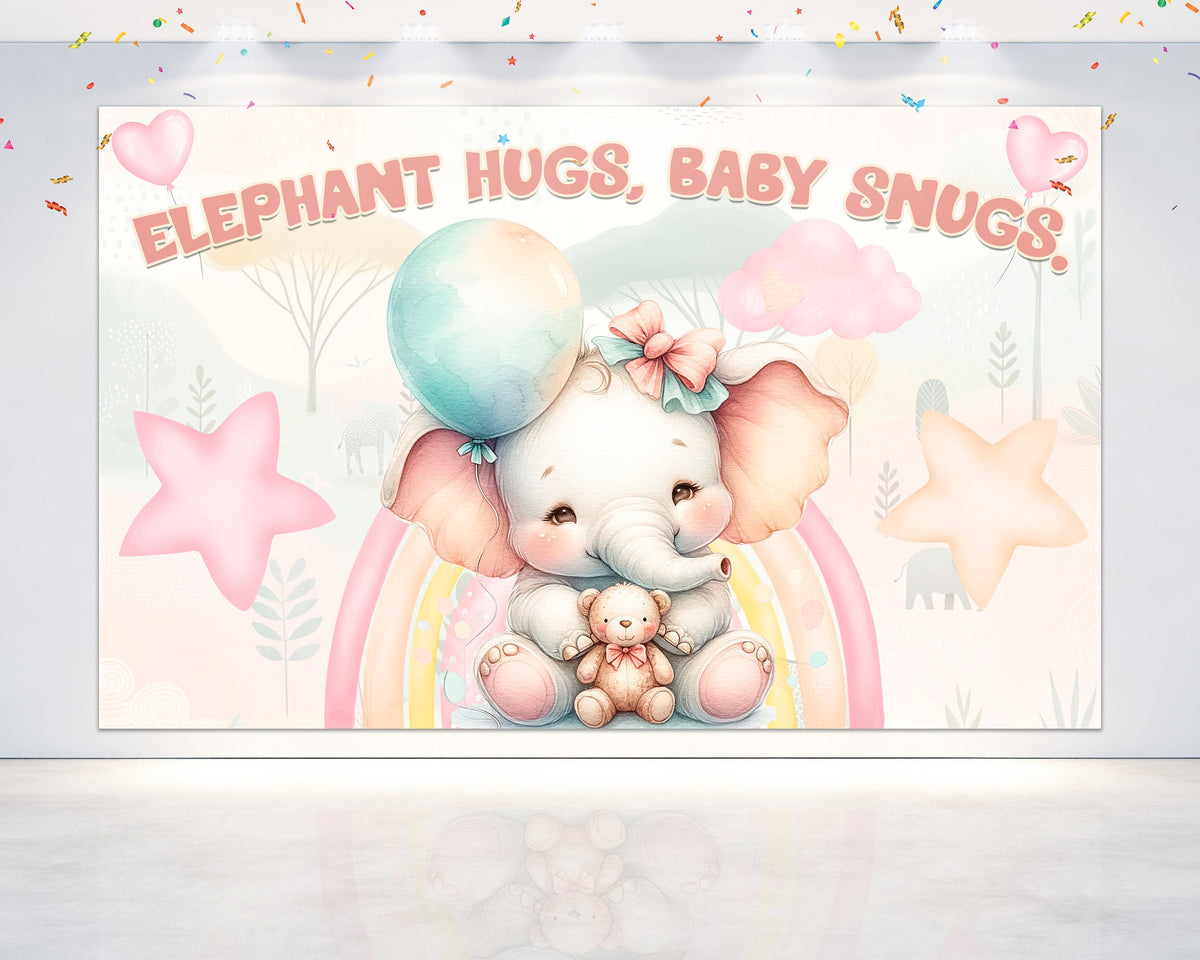 Adorable Elephant Hugs Baby Shower Backdrop