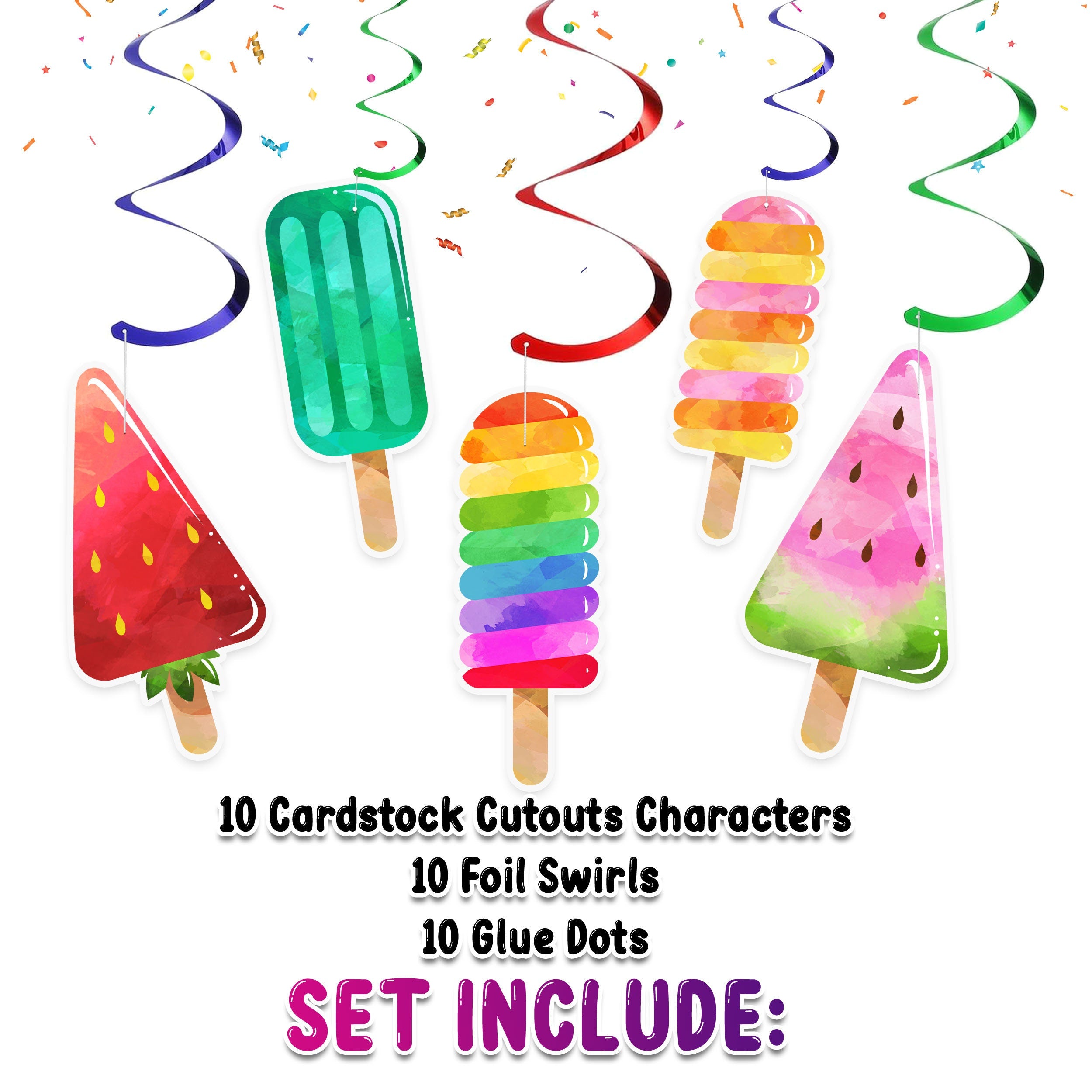 Sweet Summertime Popsicle Swirls - Set of 10 Colorful Popsicle Hanging Decorations for Summer Parties