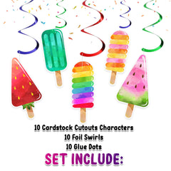 Sweet Summertime Popsicle Swirls - Set of 10 Colorful Popsicle Hanging Decorations for Summer Parties