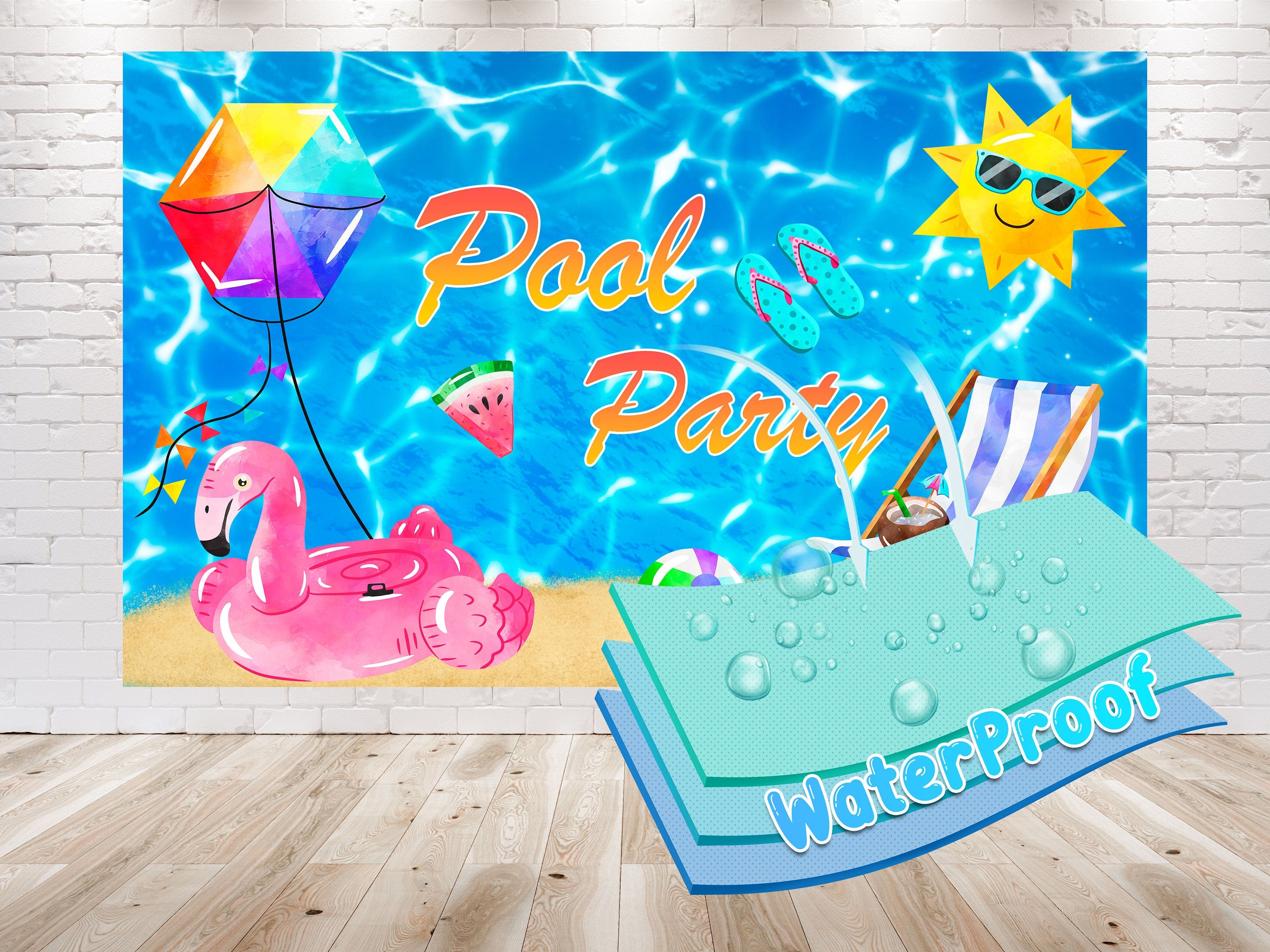 Pool Party Birthday Backdrop 5x3 FT - Fun Summer Beach Banner