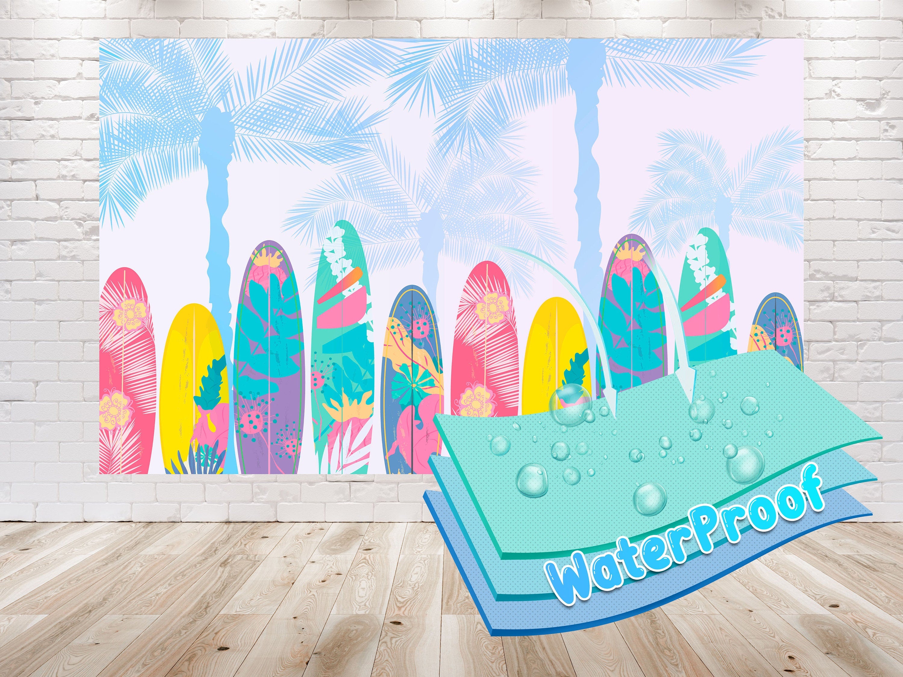 Surfing Birthday Backdrop 5x3 FT - Tropical Surfboard Theme Banner